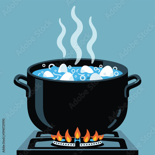 Vector illustration of a black pot boiling on a gas stove with steam rising