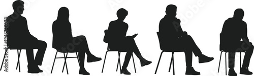 PrintSilhouette of diverse group of people sitting on chairs in a row waiting for interview or seminar presentation