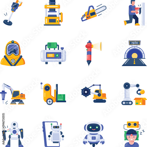 Pack of Flat Style Industrial Technology Icons 