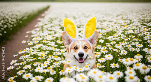 Smiling dog with bunny ears in daisy field. Represents spring, celebration, joy, and Easter season, perfect for seasonal content, greetings and holiday themes