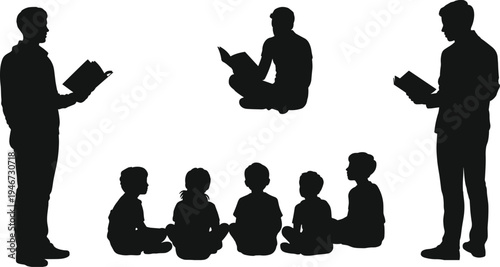 PrintSilhouette of teacher and mentor reading book to group of diverse children sitting on floor in classroom setting