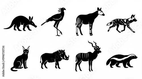 Collection of silhouettes of African animals including aardvark, secretary bird, okapi, wild dog, serval, warthog, kudu, and skunk