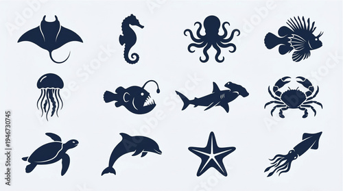 Collection of Various Marine Life Icons on a White Background