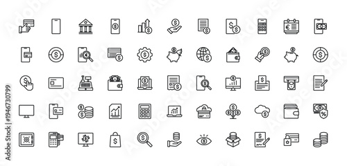 A comprehensive collection of fifty financial and banking line icons for business and finance web design.