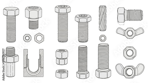 Collection of Various Bolts and Nuts.
