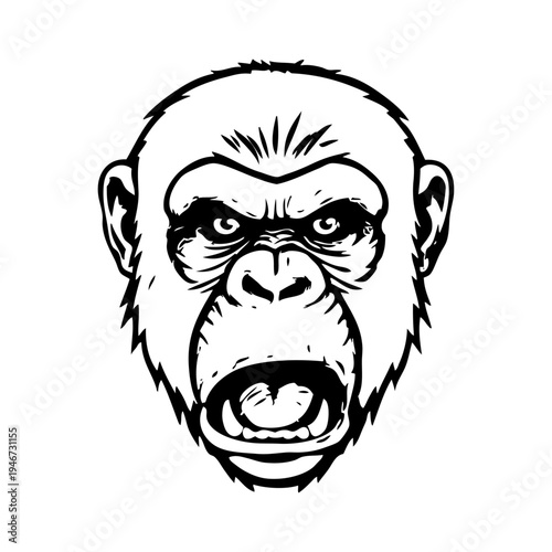 Dibujo sencillo con líneas de la cabeza de un simio enojado mirando de reojo con la boca abierta 