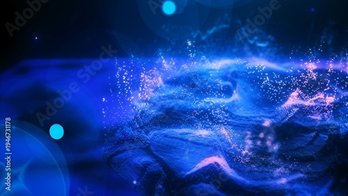Abstract moving blue futuristic landscape of particles and dots of energetic magic with glow and blur effect, abstract background