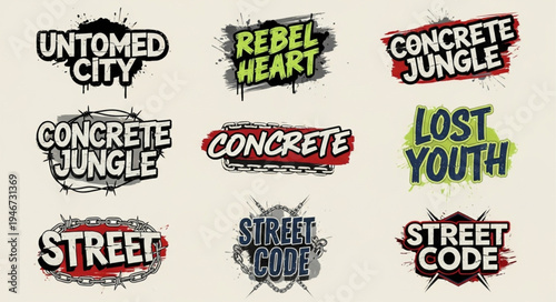Urban-themed graffiti designs featuring phrases like Untamed City, Rebel Heart, and Concrete Jungle, showcasing a raw and edgy street style.