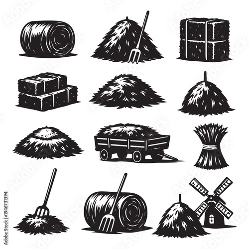 Agricultural hay and straw icons vector