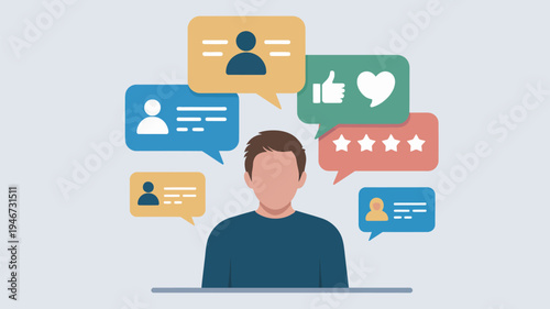 A man surrounded by social media icons and speech bubbles while working on a computer