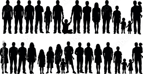 Collection of family silhouettes showing diverse parents children standing together isolated on white background, unity generation concept, people crowd lineup, social diversity lifestyle 
