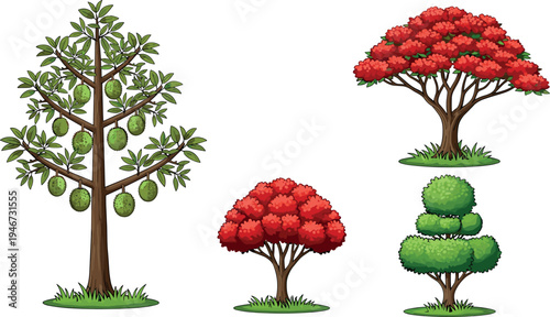 Collection of cartoon trees including fruit tree and ornamental bushes, colorful nature illustration set showing garden plants, landscaping elements and seasonal foliage isolated on background.