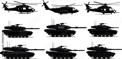 Collection of military tank and helicopter silhouettes in modern combat style, detailed armored vehicle and aircraft illustration set, defense transport icons isolated on background.