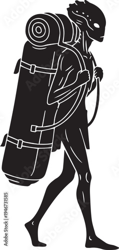 Alien traveler nomad character vector silhouette illustration carrying heavy pack line art