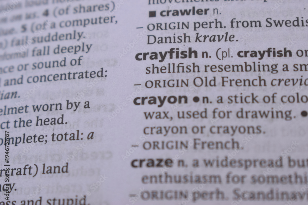 Fototapeta premium Close Up English Dictionary Page With The Word Reference Of - crayfish