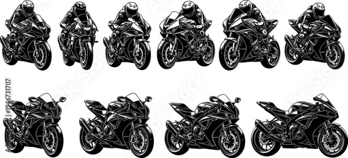 Collection of sport motorcycle silhouettes with racing riders in dynamic poses, detailed superbike illustration set, high speed motorbike transport concept isolated on background for design.