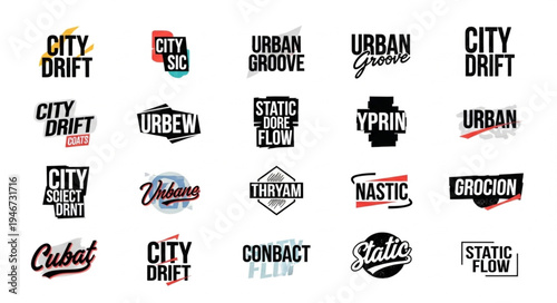 Collection of urban-themed logo designs featuring city names and abstract elements, showcasing a modern and dynamic aesthetic.