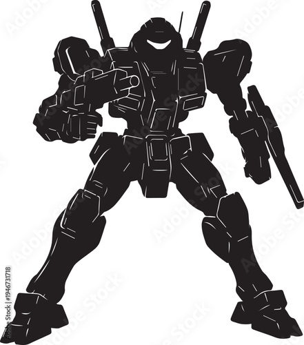 Mecha robot silhouette, powerful armored illustration, futuristic military line art vector
