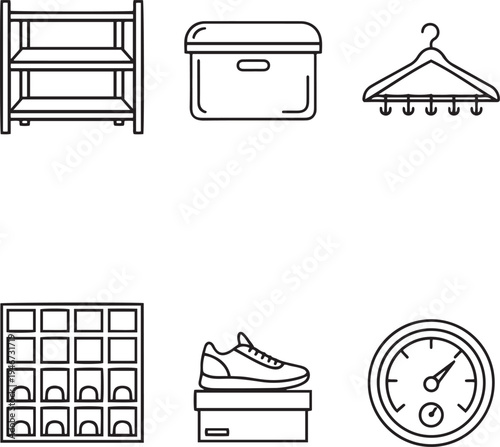 Black outline of storage shelf shoe organizer storage box hanger sneaker on box and gauge
