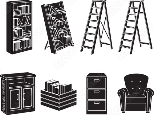 Collection of black and white of furniture and storage bookshelf ladder filing cabinet armchair cabinet