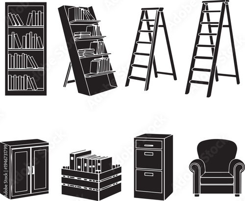 Collection of black and white silhouette furniture and storage bookshelf ladder filing cabinet armchair