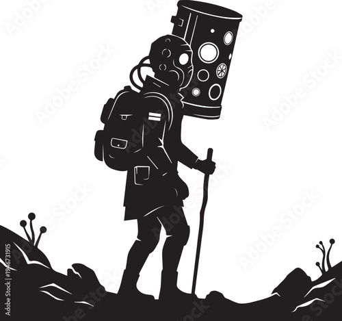 Stalker with backpack and gas mask, holding stick, walking on alien planet line art