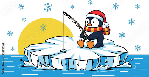 Cute cartoon penguin fishing on floating ice with winter scarf and Santa hat, festive arctic wildlife illustration showing snowy ocean scene isolated on background.