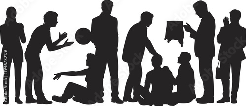 Collection of diverse people silhouettes in various poses and interactions, symbolizing social dynamics and human connection