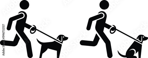 Man running with dog on leash icons showing walking and sitting positions isolated on white background for pet services