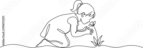Child smelling flower in continuous line art drawing style. Small girl squatted down to sniff the fragrant flower. Black linear sketch isolated on white background. Vector illustration