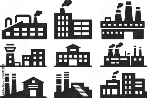 Collection of industrial factory building in silhouette showcasing various architectural styles and chimney smoke emissions