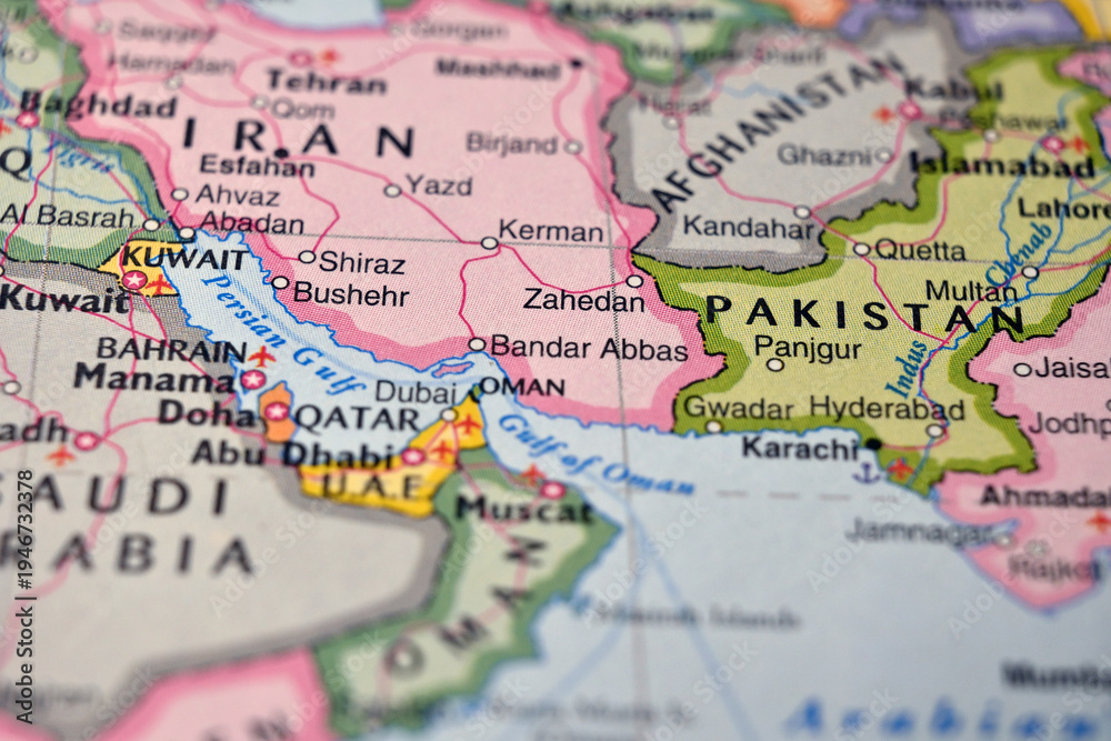 Naklejka premium Defocused World Map Background Showing Bandar Abbas Location Top View Geography and Travel Concept