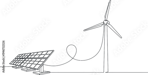 Continuous One Line Drawing of Solar Panels and Wind Turbine for Renewable Green Energy Concept