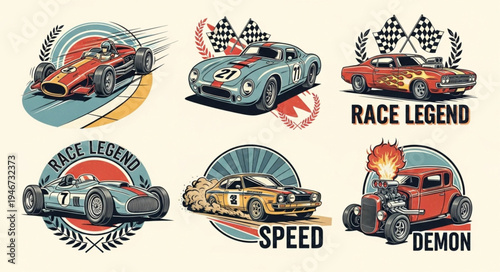 Vintage Racing Car Emblems Collection - Classic Designs for Speed Enthusiasts.