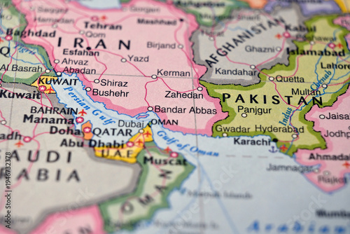 Defocused World Map Background Showing Bandar Abbas Location Top View Geography and Travel Concept