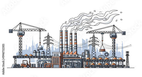 Industrial factory with smoke stacks and cranes.