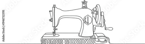 Sewing machine in continuous line art drawing style. Abstract old style sewing-machine for atelier or tailor sign design. Minimalist black linear sketch on white background. Vector illustration