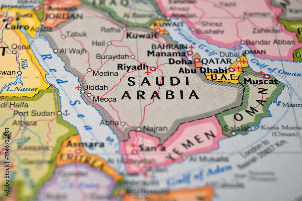 Obraz premium Defocused World Map Showing Saudi Arabia Location Top View Geography Travel Concept Background
