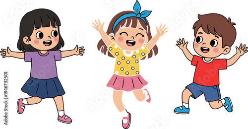 Happy cartoon children jumping with excitement in colorful outfits, cute playful kids characters isolated on background, cheerful childhood fun concept, friendship, joy, energy, innocence