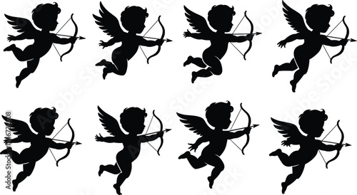 Eight distinct black silhouette cherubs with wings, each in a dynamic pose, a bow and arrow, symbolizing love and romantic sentiment