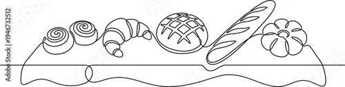 Bakery products in continuous line art drawing style. Black line sketch on white background. Vector illustration