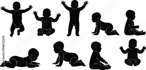 Set of Cute Baby and Toddler Silhouettes Featuring Crawling, Sitting, and Standing Poses Isolated on White Background for Parenting and Childcare Design
