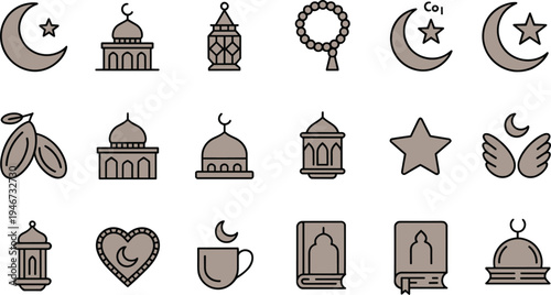 Islamic symbols and in a grid format with muted colors including moons, stars, mosques, and lanterns
