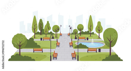 Beautiful City Park With Trees Benches And Fountain.