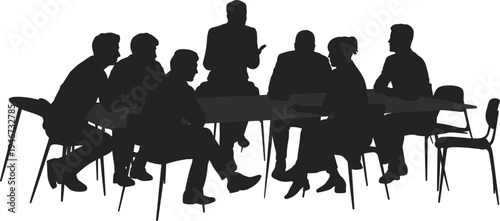 Silhouette of a diverse group of people gathered around a long table in a meeting or conference setting, engaged in discussion and collaboration
