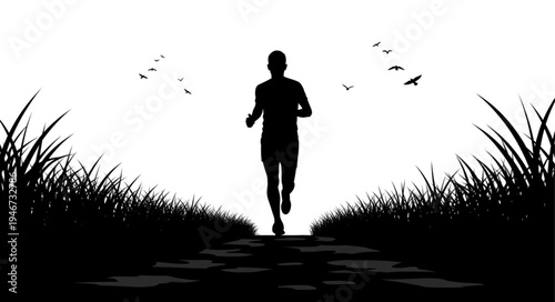 Silhouette of a man running on a path with grass and birds.