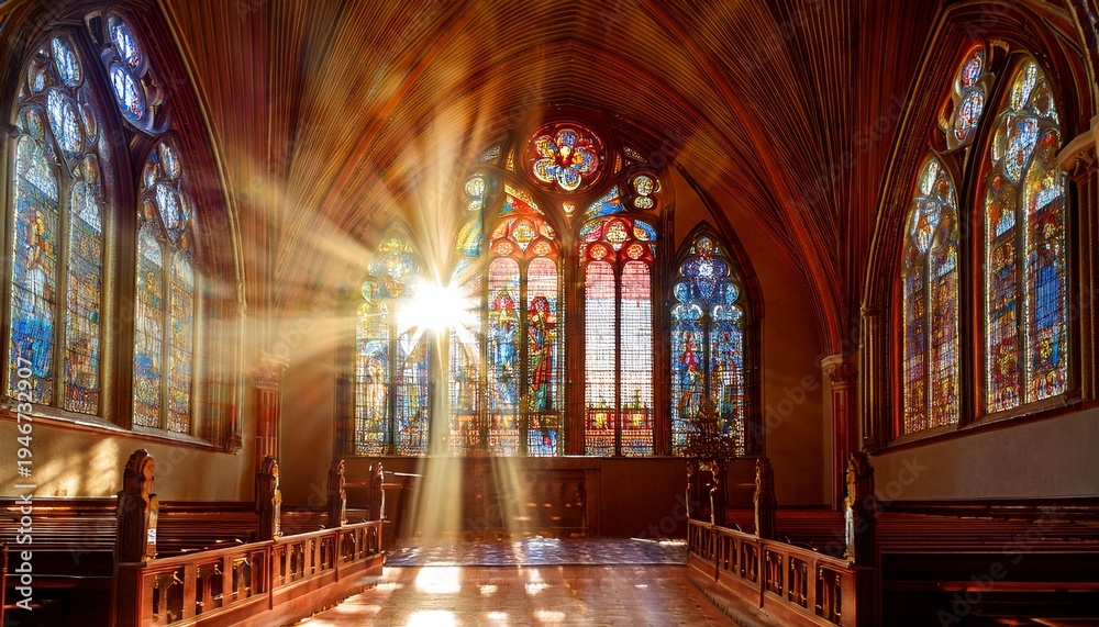 Obraz premium sun rays through the stained glass windows of the church