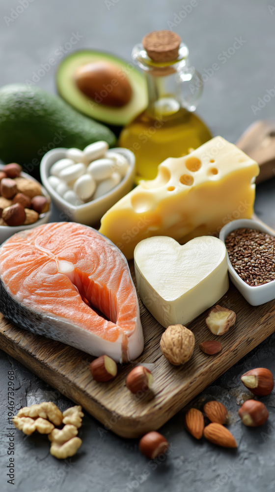 Fototapeta premium Vibrant display of raw salmon, heart shape cheese, avocado, nut, and oil representing cholesterol chaos and healthy food nutrition choice