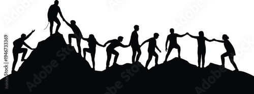 Teamwork and unity symbolized by a chain of silhouettes helping each other climb a rugged mountain peak against a white sky