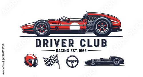 Vintage Racing Club Emblem with Classic Race Car and Accessories.